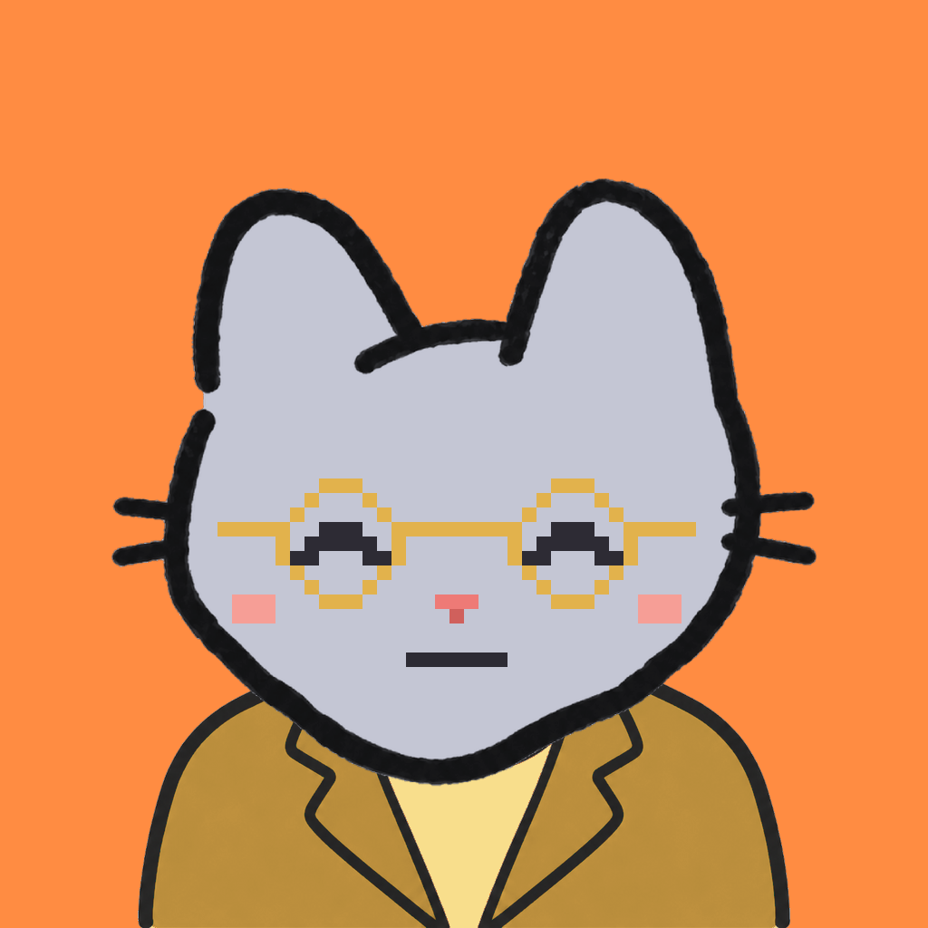 Employee #0678 — a gray cat, in a mustard suit, wearing round-gold glasses, on tangerine