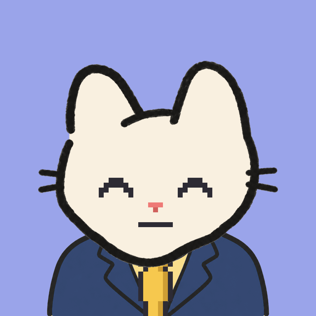 Employee #0679 — a cream cat, in a navy suit, with a gold tie, on periwinkle
