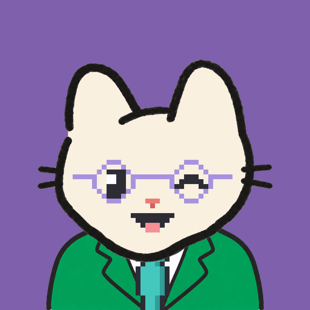 Employee #0068 — a cream cat, in a green suit, with a teal tie, wearing round-lavender glasses, on plasma violet