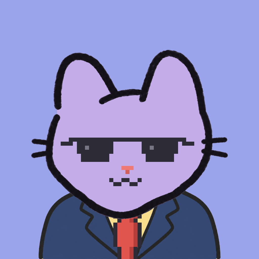 Employee #0680 — a lavender cat, in a navy suit, with a red tie, wearing shades glasses, on periwinkle