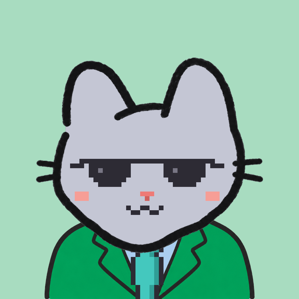 Employee #0681 — a gray cat, in a green suit, with a teal tie, wearing shades glasses, on mint
