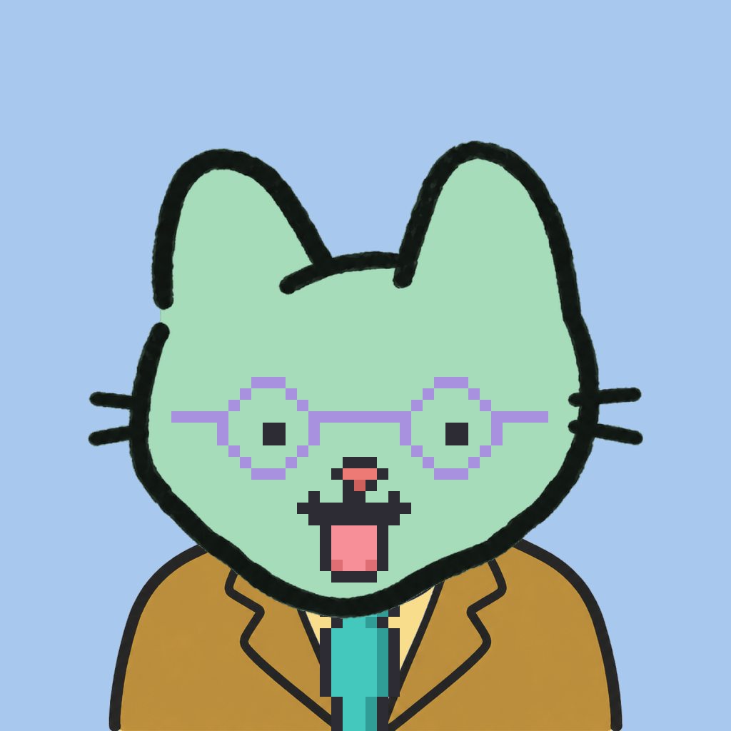 Employee #0682 — a mint cat, in a mustard suit, with a teal tie, wearing round-lavender glasses, on sky