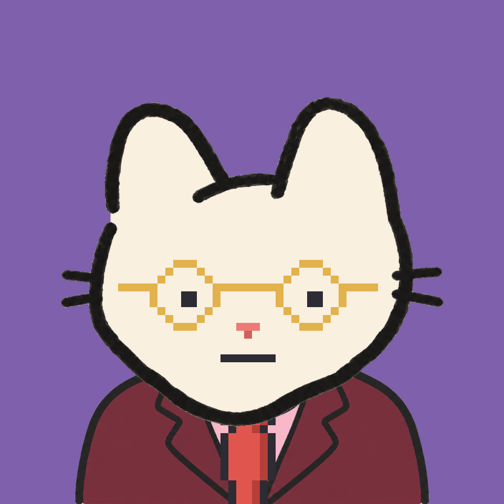 Employee #0683 — a cream cat, in a burgundy suit, with a red tie, wearing round-gold glasses, on plasma violet