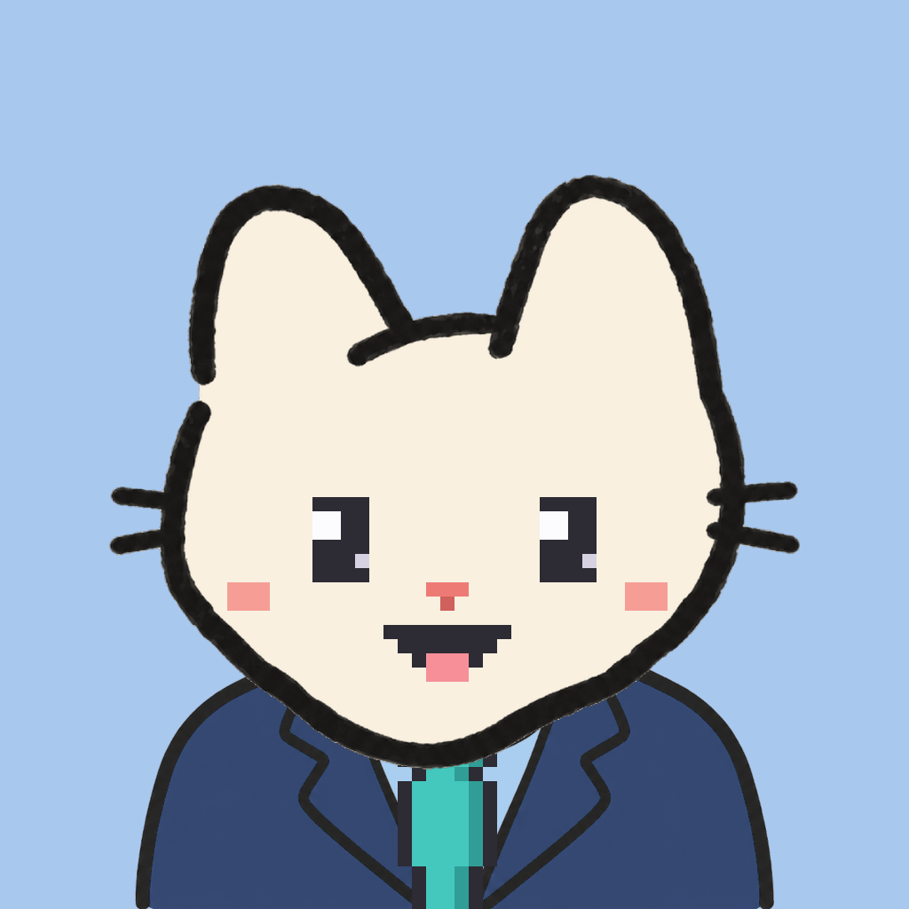Employee #0684 — a cream cat, in a navy suit, with a teal tie, on sky