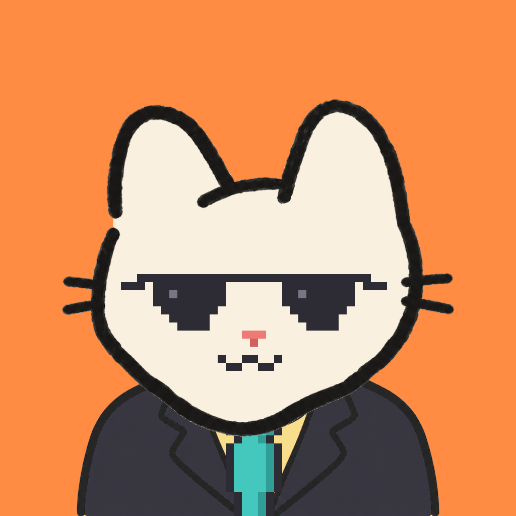 Employee #0685 — a cream cat, in a black suit, with a teal tie, wearing shades glasses, on tangerine