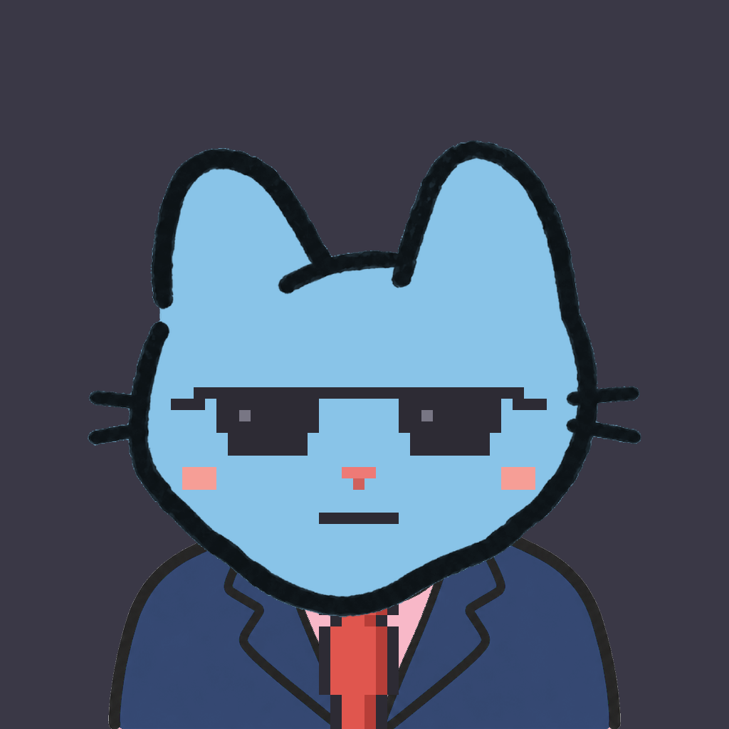 Employee #0686 — a sky cat, in a navy suit, with a red tie, wearing shades glasses, on charcoal