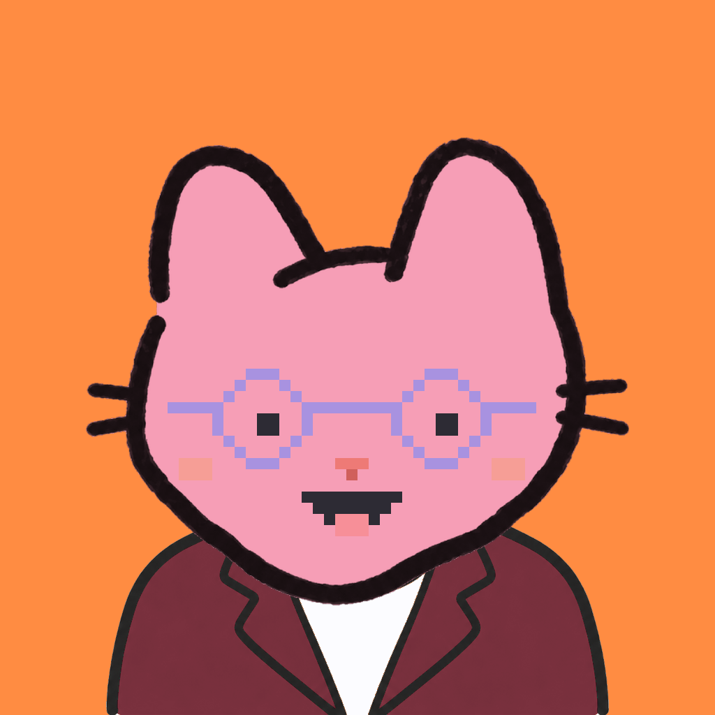 Employee #0687 — a pink cat, in a burgundy suit, wearing round-lavender glasses, on tangerine