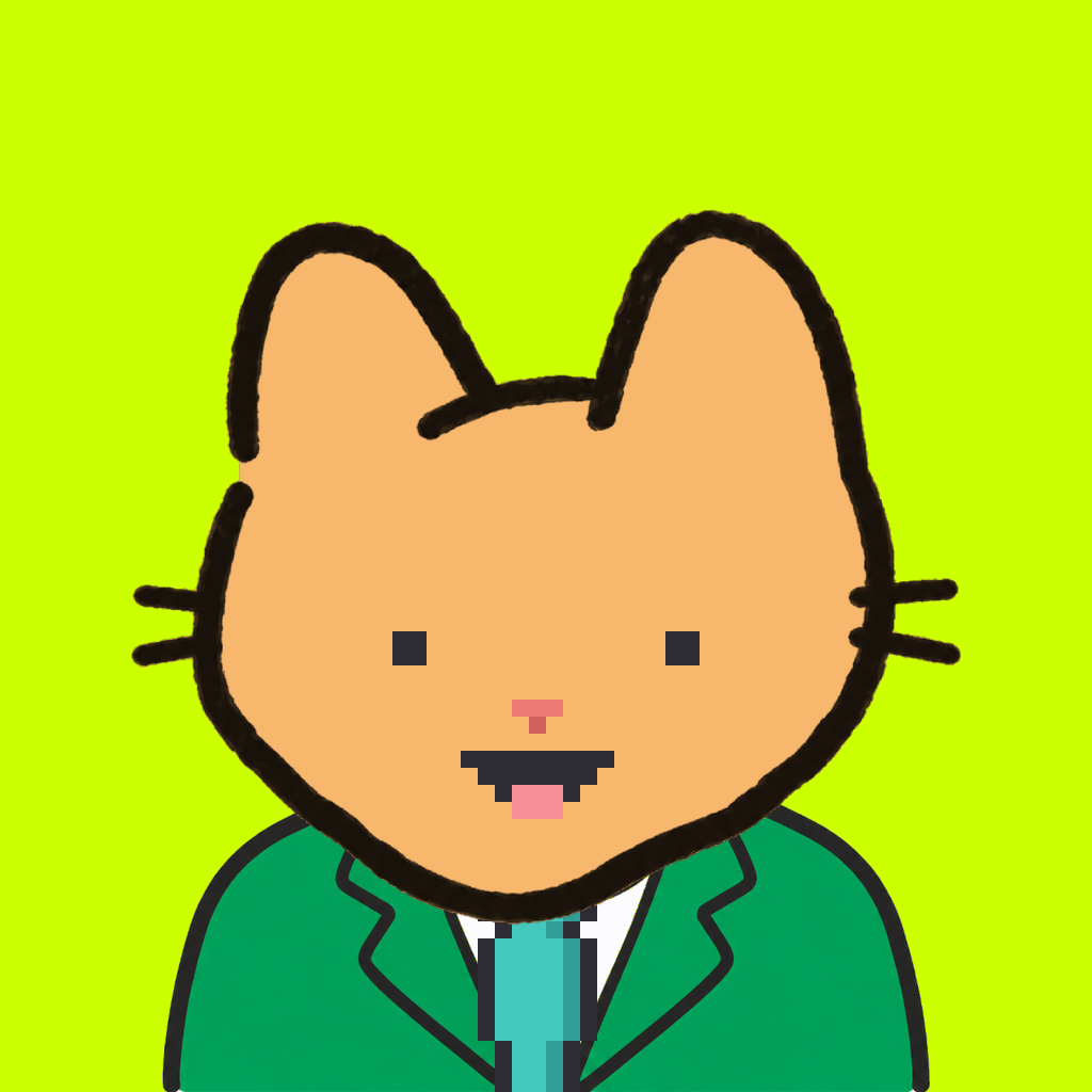 Employee #0688 — a tabby cat, in a green suit, with a teal tie, on volt