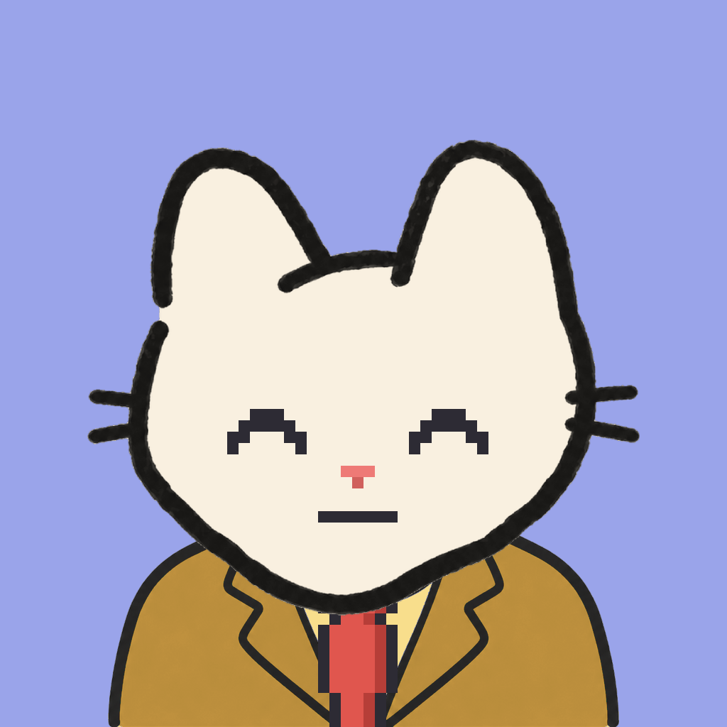 Employee #0689 — a cream cat, in a mustard suit, with a red tie, on periwinkle