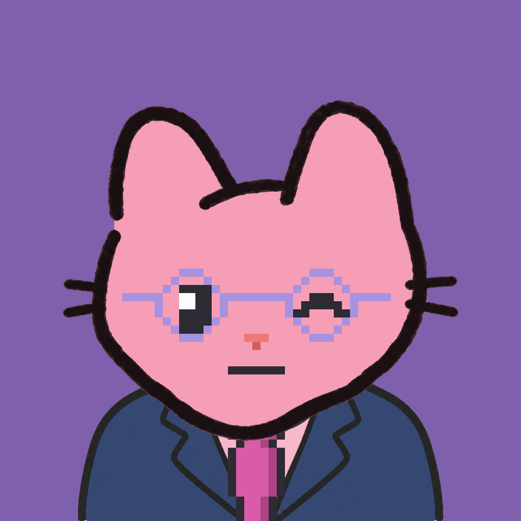 Employee #0069 — a pink cat, in a navy suit, with a magenta tie, wearing round-lavender glasses, on plasma violet