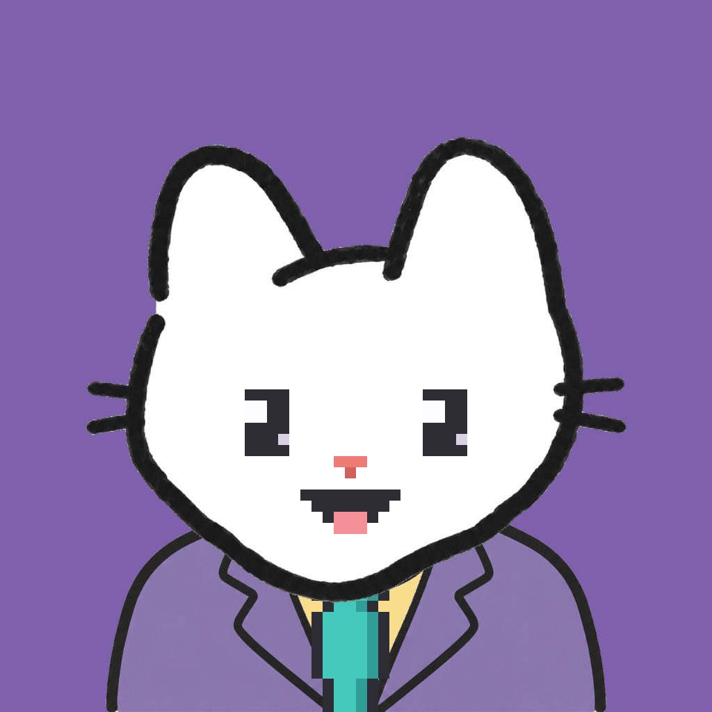 Employee #0690 — a white cat, in a lavender suit, with a teal tie, on plasma violet