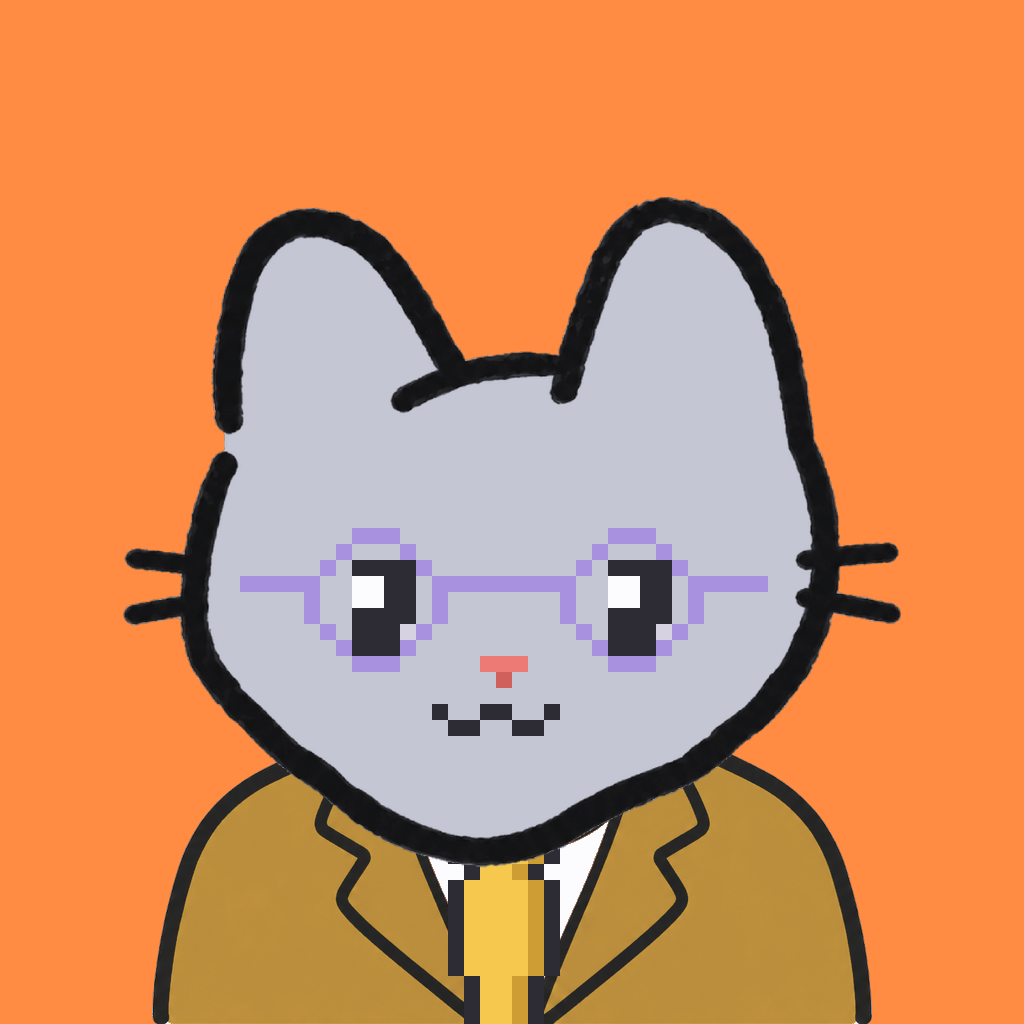 Employee #0691 — a gray cat, in a mustard suit, with a gold tie, wearing round-lavender glasses, on tangerine