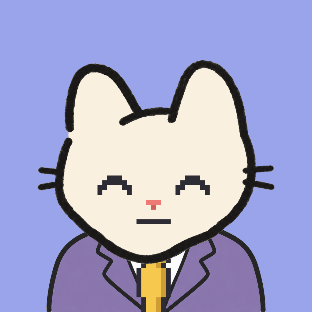 Employee #0692 — a cream cat, in a lavender suit, with a gold tie, on periwinkle