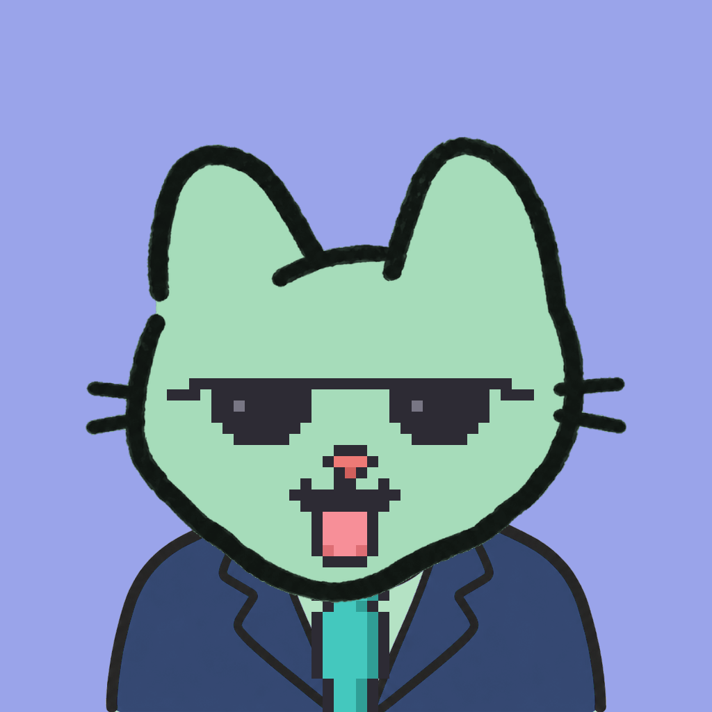 Employee #0693 — a mint cat, in a navy suit, with a teal tie, wearing shades glasses, on periwinkle