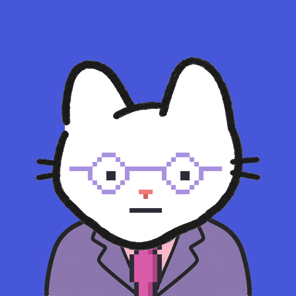 Employee #0694 — a white cat, in a lavender suit, with a magenta tie, wearing round-lavender glasses, on royal