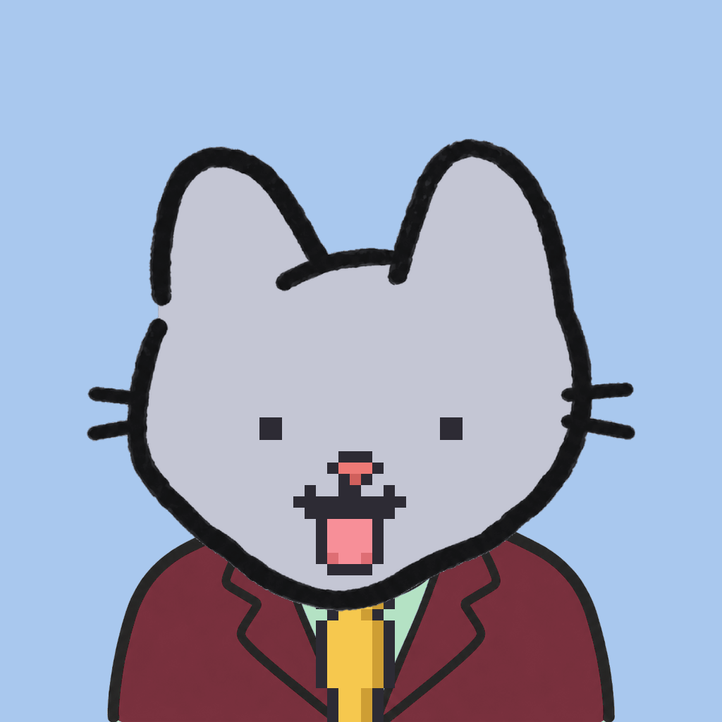 Employee #0695 — a gray cat, in a burgundy suit, with a gold tie, on sky