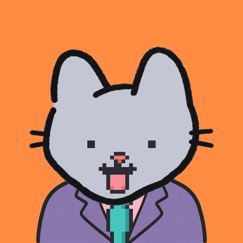 Employee #0696 — a gray cat, in a lavender suit, with a teal tie, on tangerine