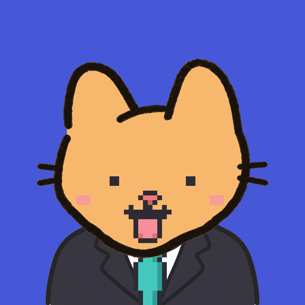 Employee #0697 — a tabby cat, in a black suit, with a teal tie, on royal