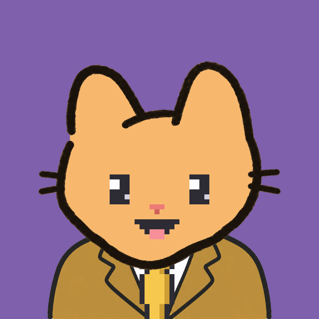 Employee #0698 — a tabby cat, in a mustard suit, with a gold tie, on plasma violet