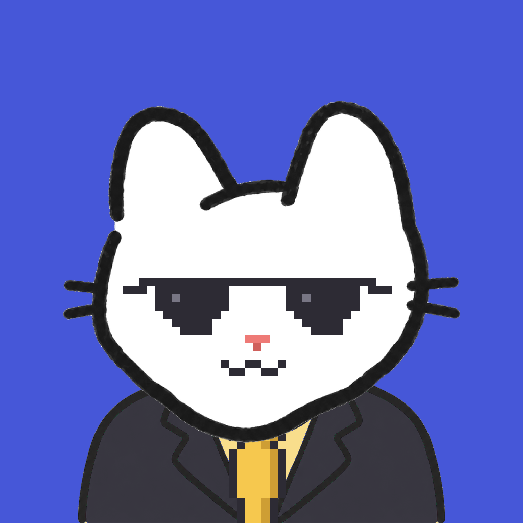 Employee #0699 — a white cat, in a black suit, with a gold tie, wearing shades glasses, on royal