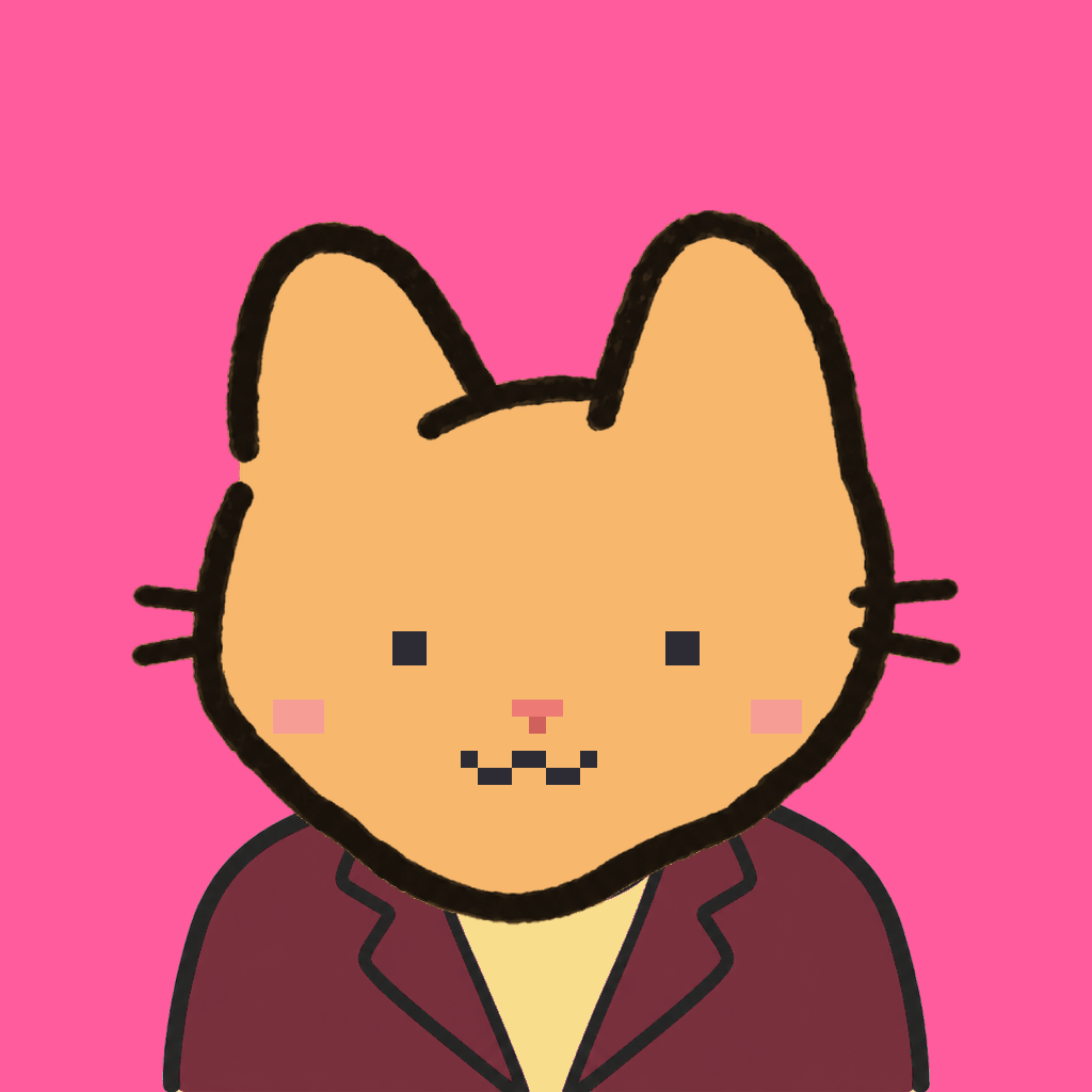 Employee #0007 — a tabby cat, in a burgundy suit, on hot pink
