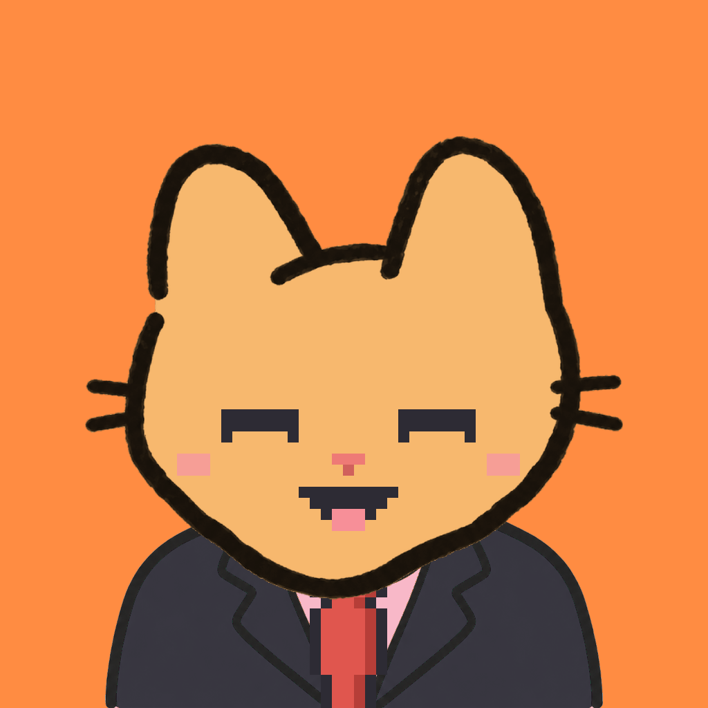 Employee #0070 — a tabby cat, in a black suit, with a red tie, on tangerine