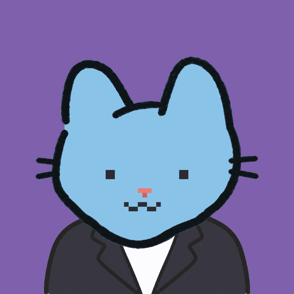 Employee #0700 — a sky cat, in a black suit, on plasma violet