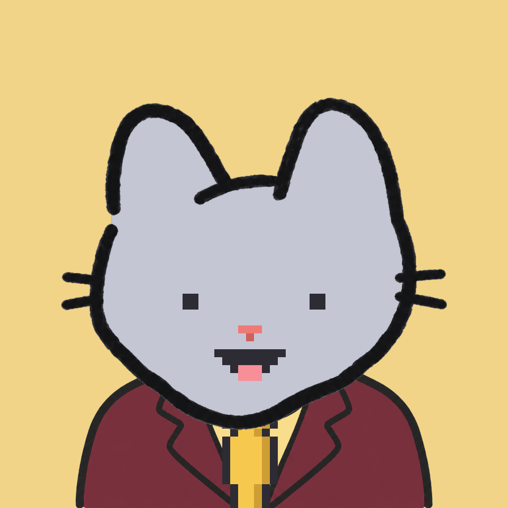 Employee #0701 — a gray cat, in a burgundy suit, with a gold tie, on butter