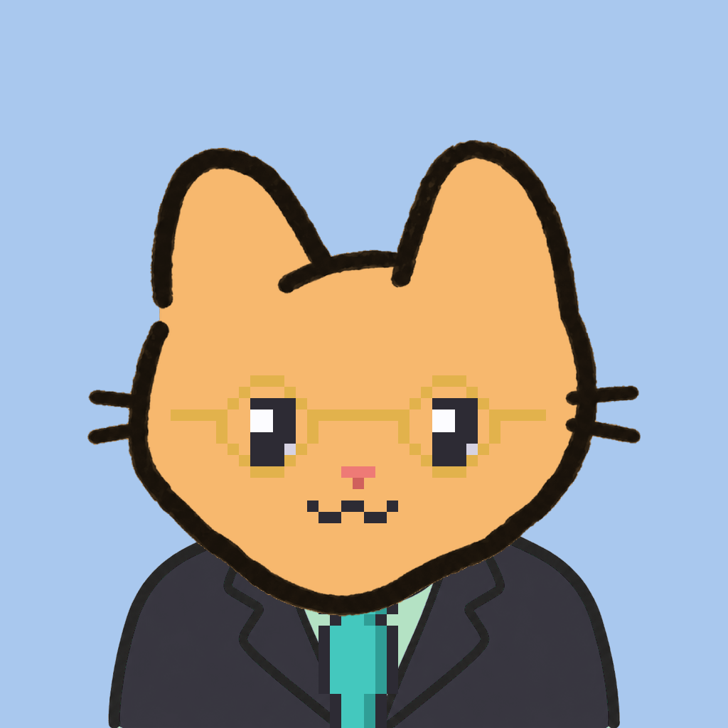 Employee #0702 — a tabby cat, in a black suit, with a teal tie, wearing round-gold glasses, on sky