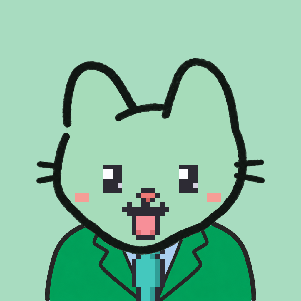 Employee #0703 — a mint cat, in a green suit, with a teal tie, on mint