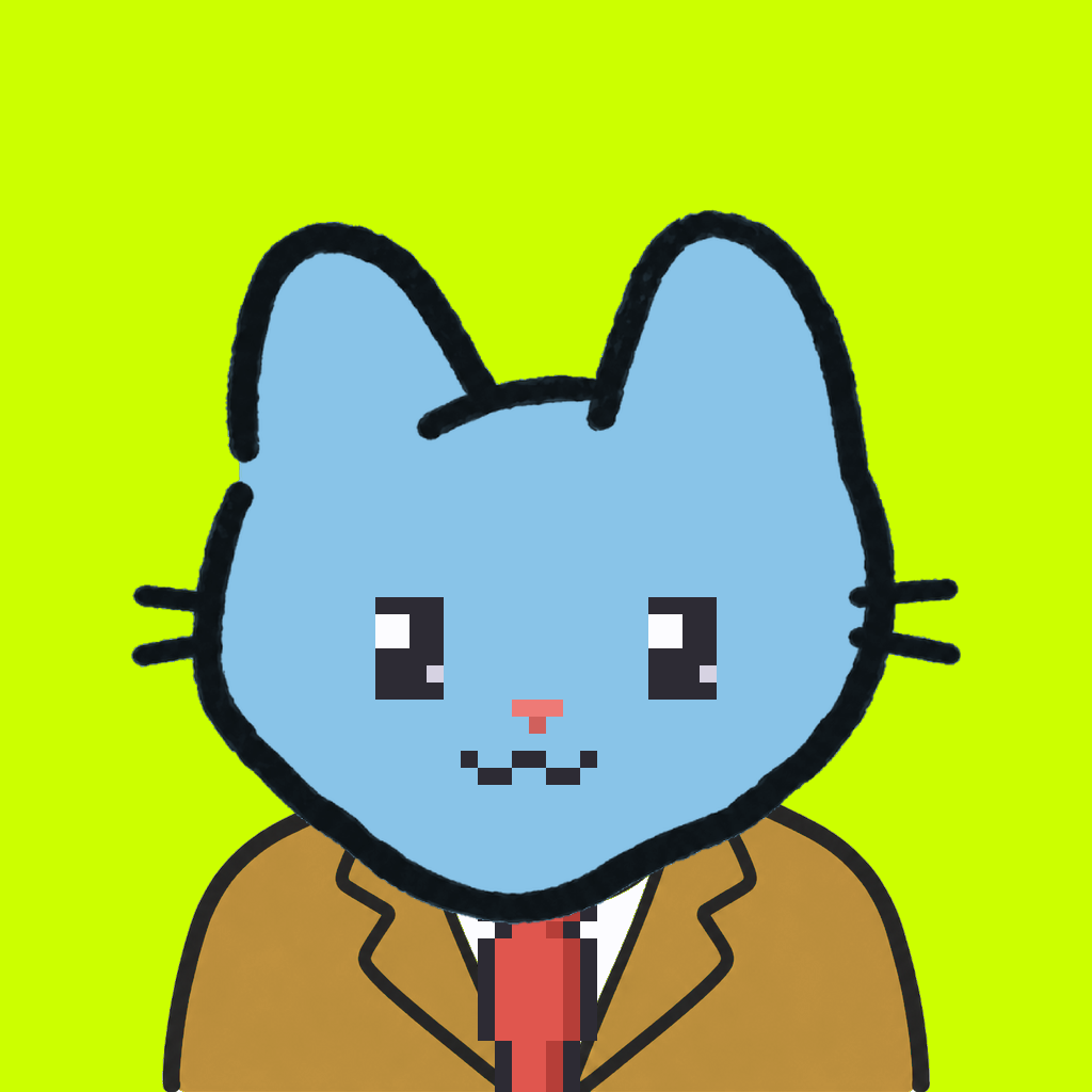 Employee #0704 — a sky cat, in a mustard suit, with a red tie, on volt