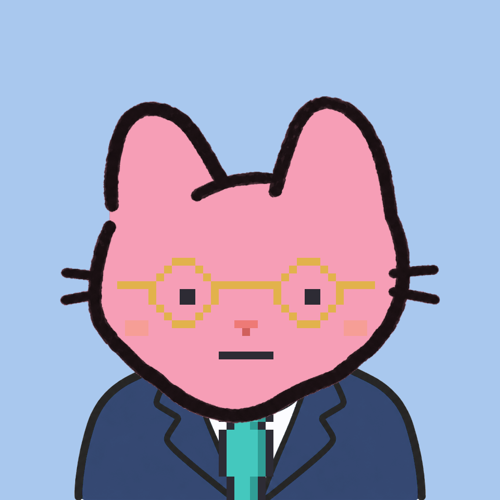 Employee #0705 — a pink cat, in a navy suit, with a teal tie, wearing round-gold glasses, on sky