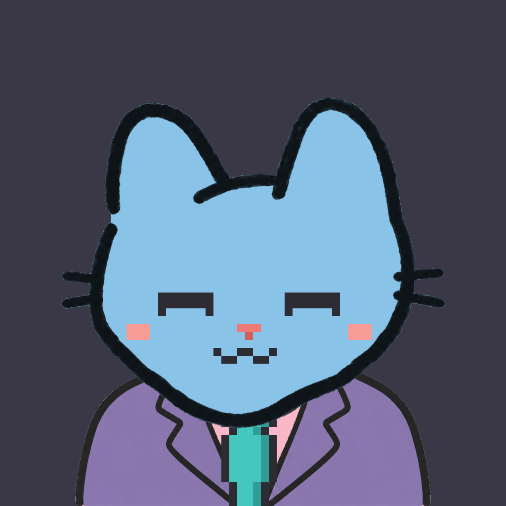 Employee #0706 — a sky cat, in a lavender suit, with a teal tie, on charcoal