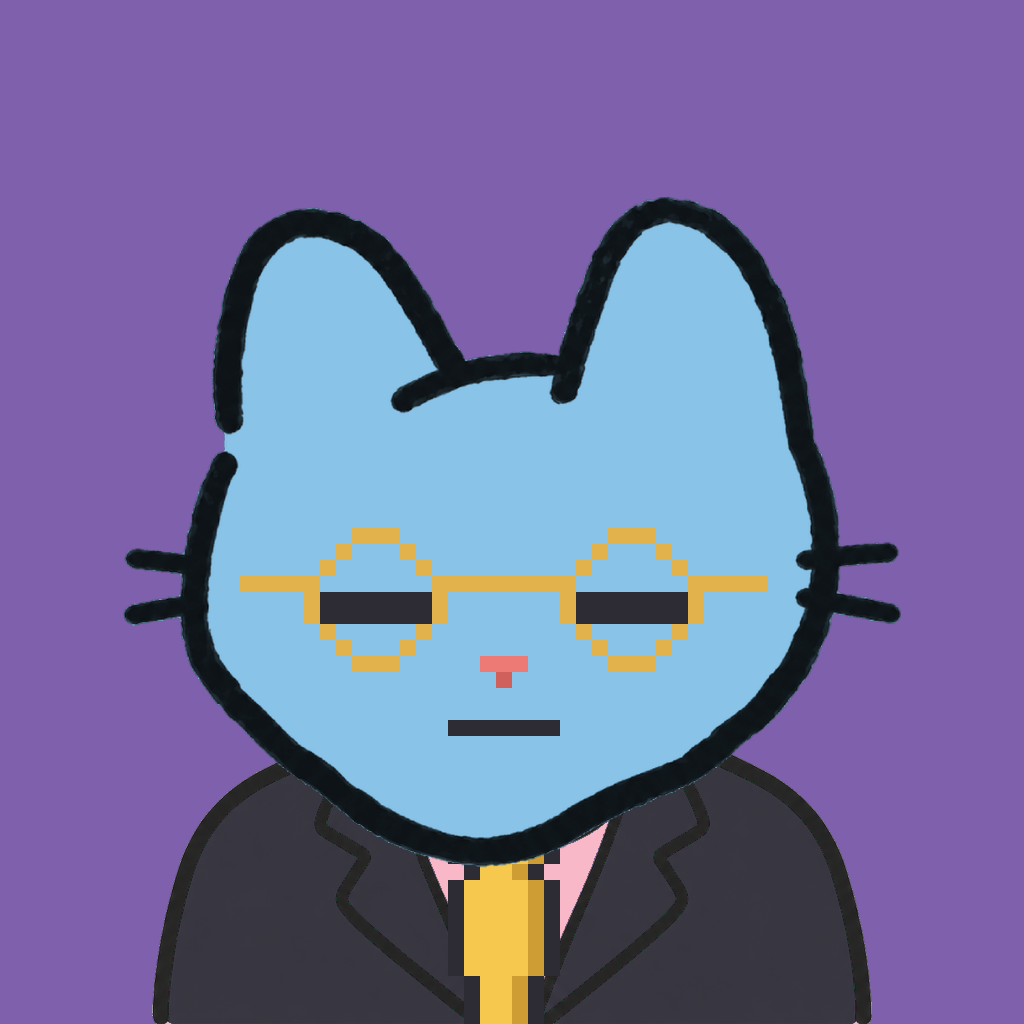 Employee #0707 — a sky cat, in a black suit, with a gold tie, wearing round-gold glasses, on plasma violet