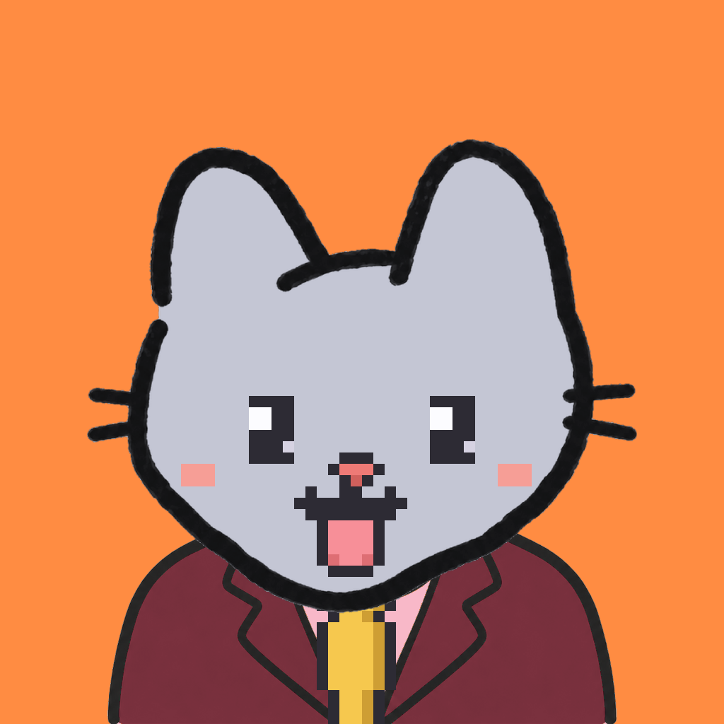 Employee #0708 — a gray cat, in a burgundy suit, with a gold tie, on tangerine