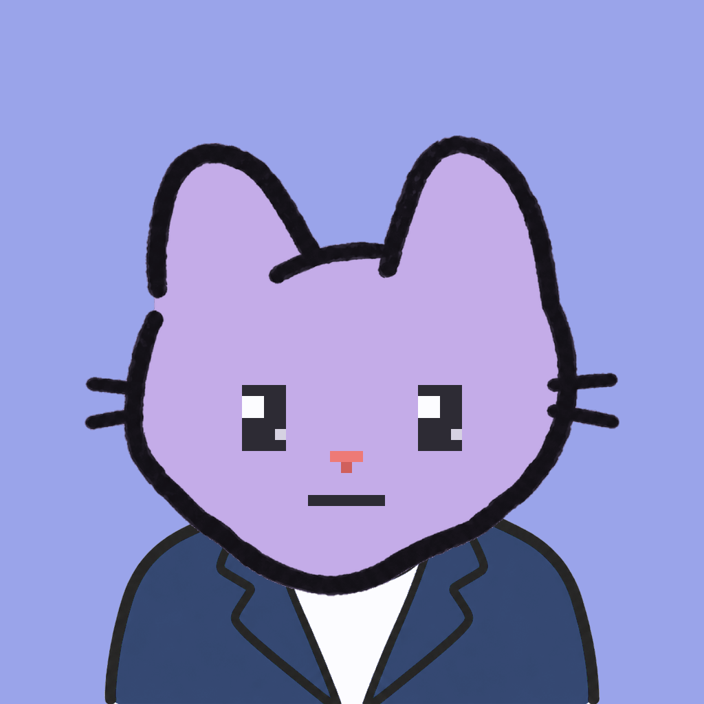 Employee #0709 — a lavender cat, in a navy suit, on periwinkle