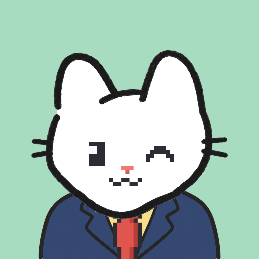 Employee #0071 — a white cat, in a navy suit, with a red tie, on mint