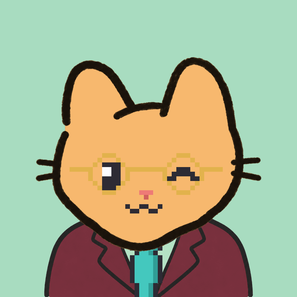 Employee #0710 — a tabby cat, in a burgundy suit, with a teal tie, wearing round-gold glasses, on mint