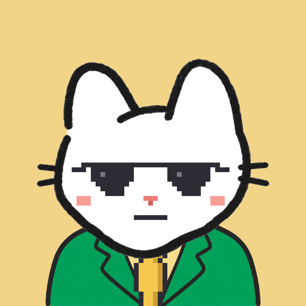 Employee #0711 — a white cat, in a green suit, with a gold tie, wearing shades glasses, on butter