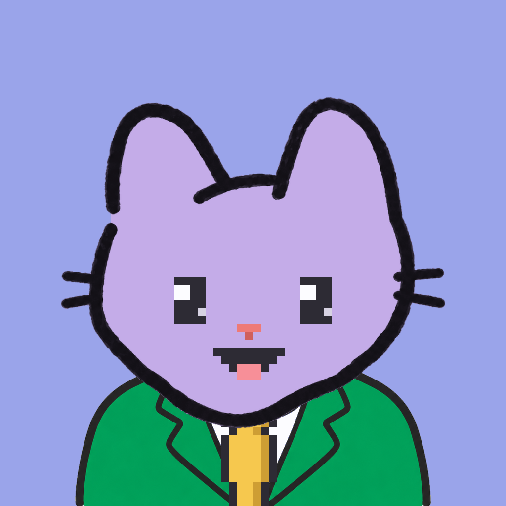 Employee #0712 — a lavender cat, in a green suit, with a gold tie, on periwinkle