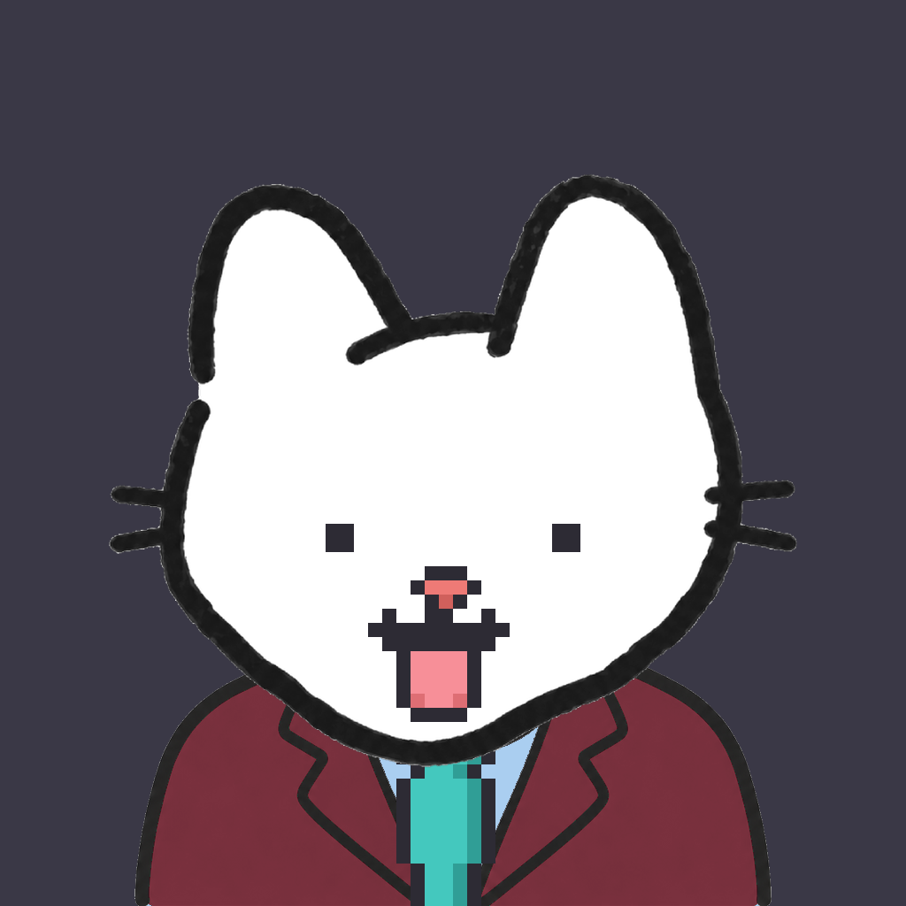 Employee #0713 — a white cat, in a burgundy suit, with a teal tie, on charcoal