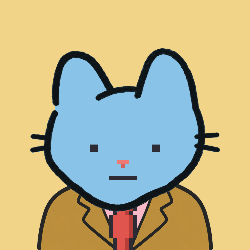 Employee #0714 — a sky cat, in a mustard suit, with a red tie, on butter