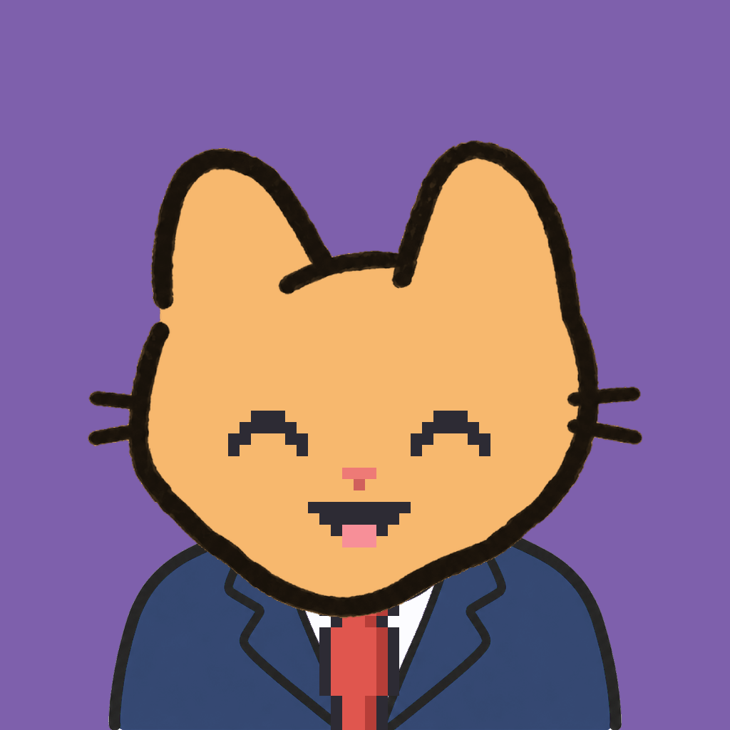 Employee #0715 — a tabby cat, in a navy suit, with a red tie, on plasma violet