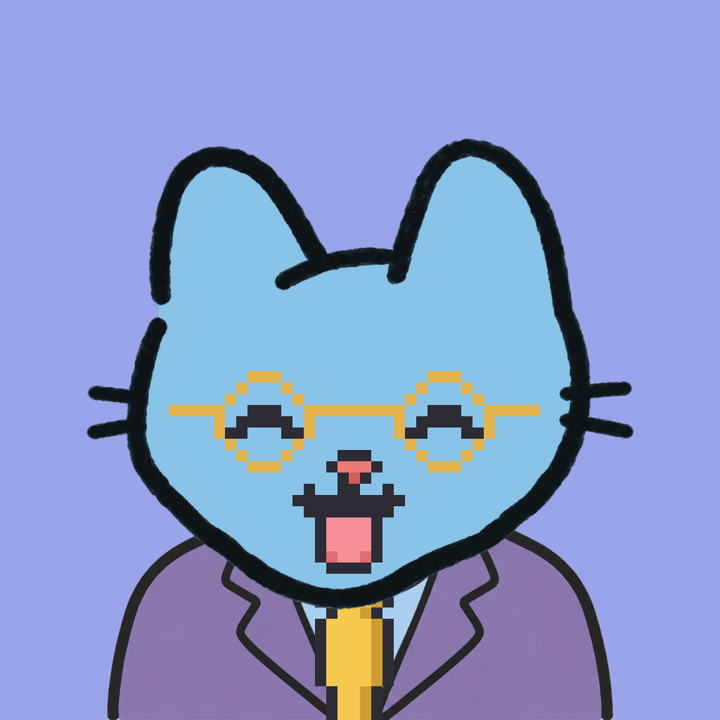 Employee #0716 — a sky cat, in a lavender suit, with a gold tie, wearing round-gold glasses, on periwinkle
