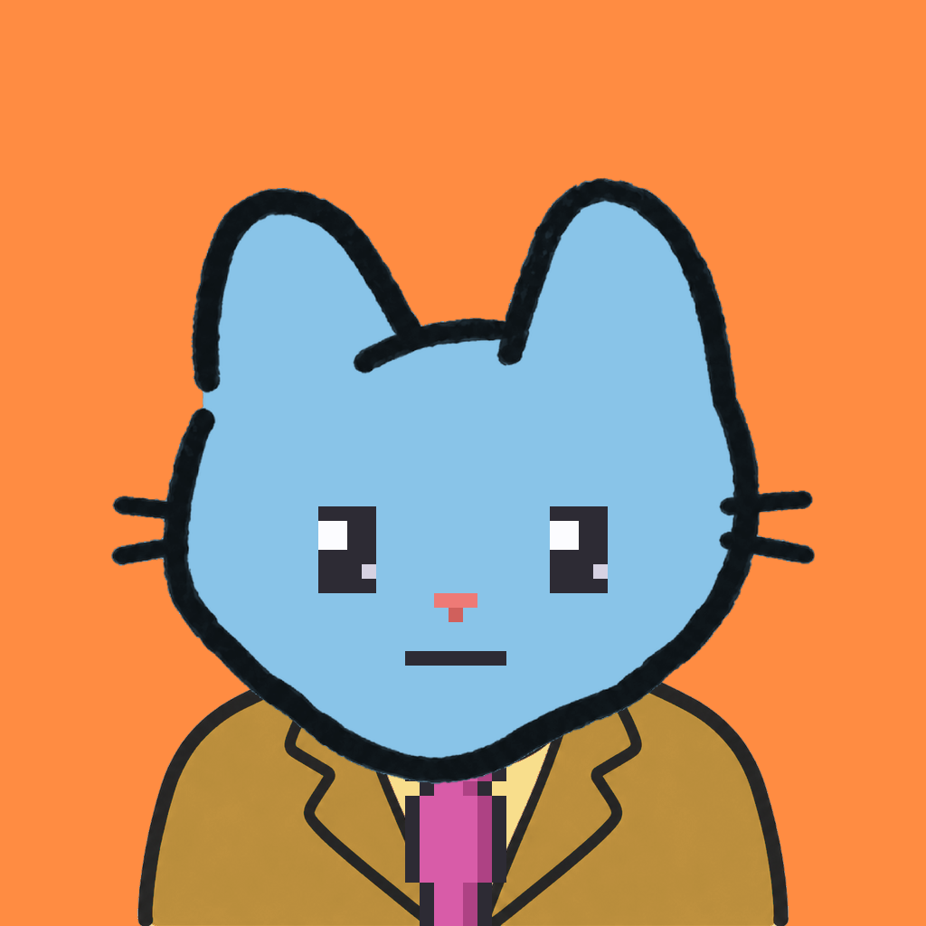 Employee #0717 — a sky cat, in a mustard suit, with a magenta tie, on tangerine