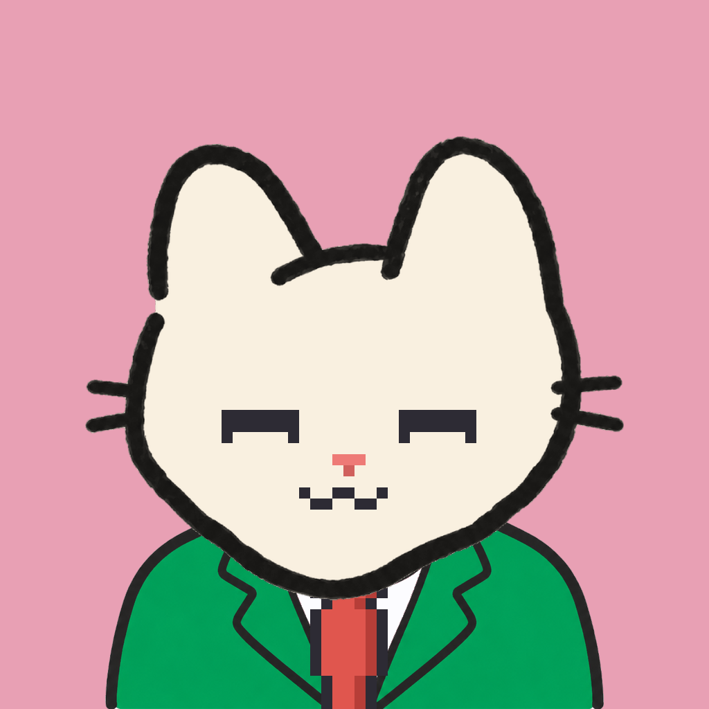 Employee #0718 — a cream cat, in a green suit, with a red tie, on rose