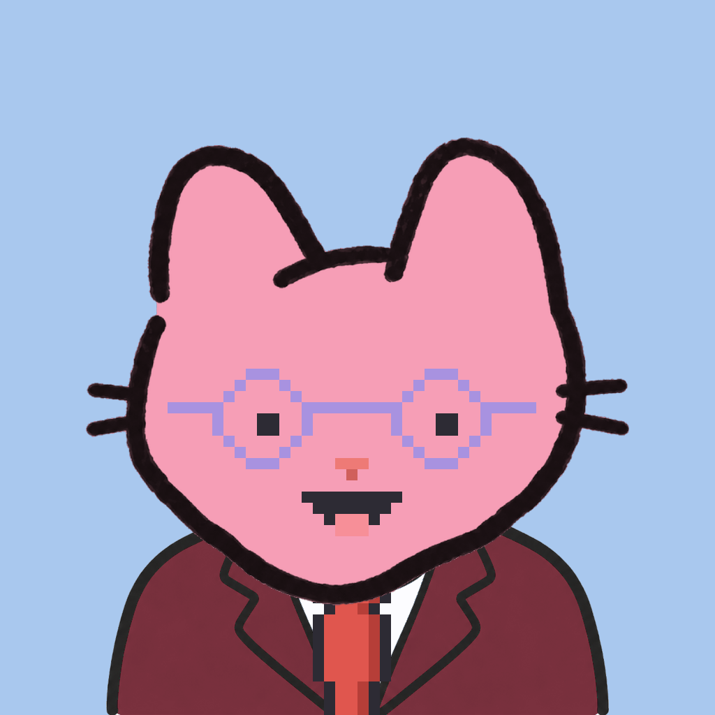 Employee #0719 — a pink cat, in a burgundy suit, with a red tie, wearing round-lavender glasses, on sky