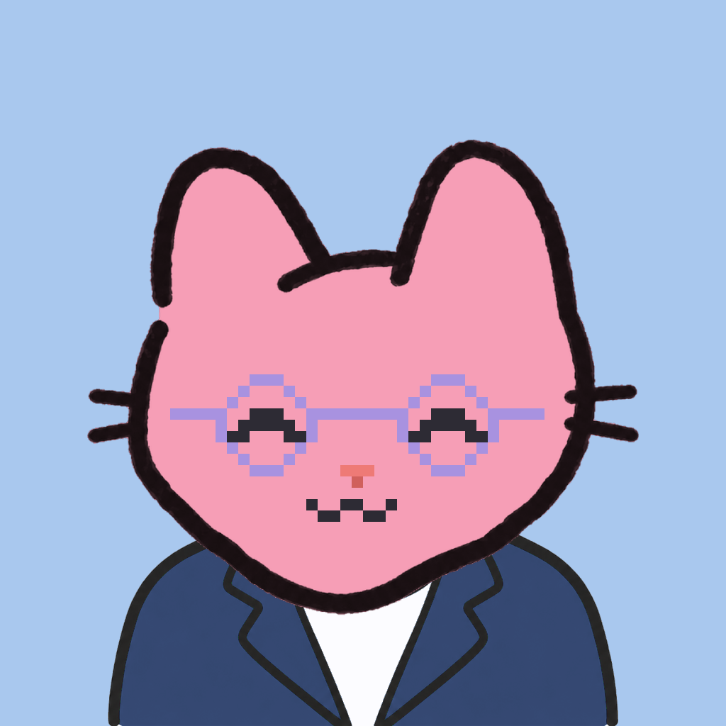 Employee #0072 — a pink cat, in a navy suit, wearing round-lavender glasses, on sky