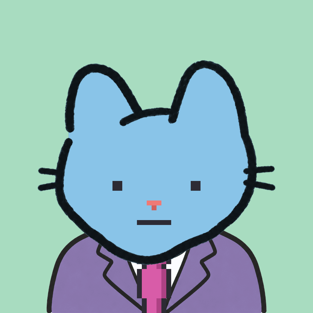 Employee #0720 — a sky cat, in a lavender suit, with a magenta tie, on mint