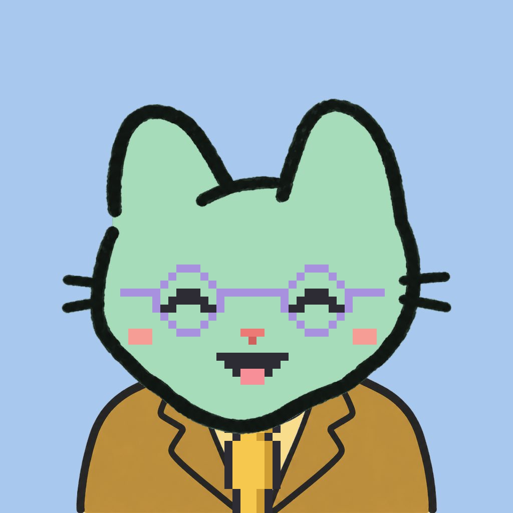 Employee #0721 — a mint cat, in a mustard suit, with a gold tie, wearing round-lavender glasses, on sky
